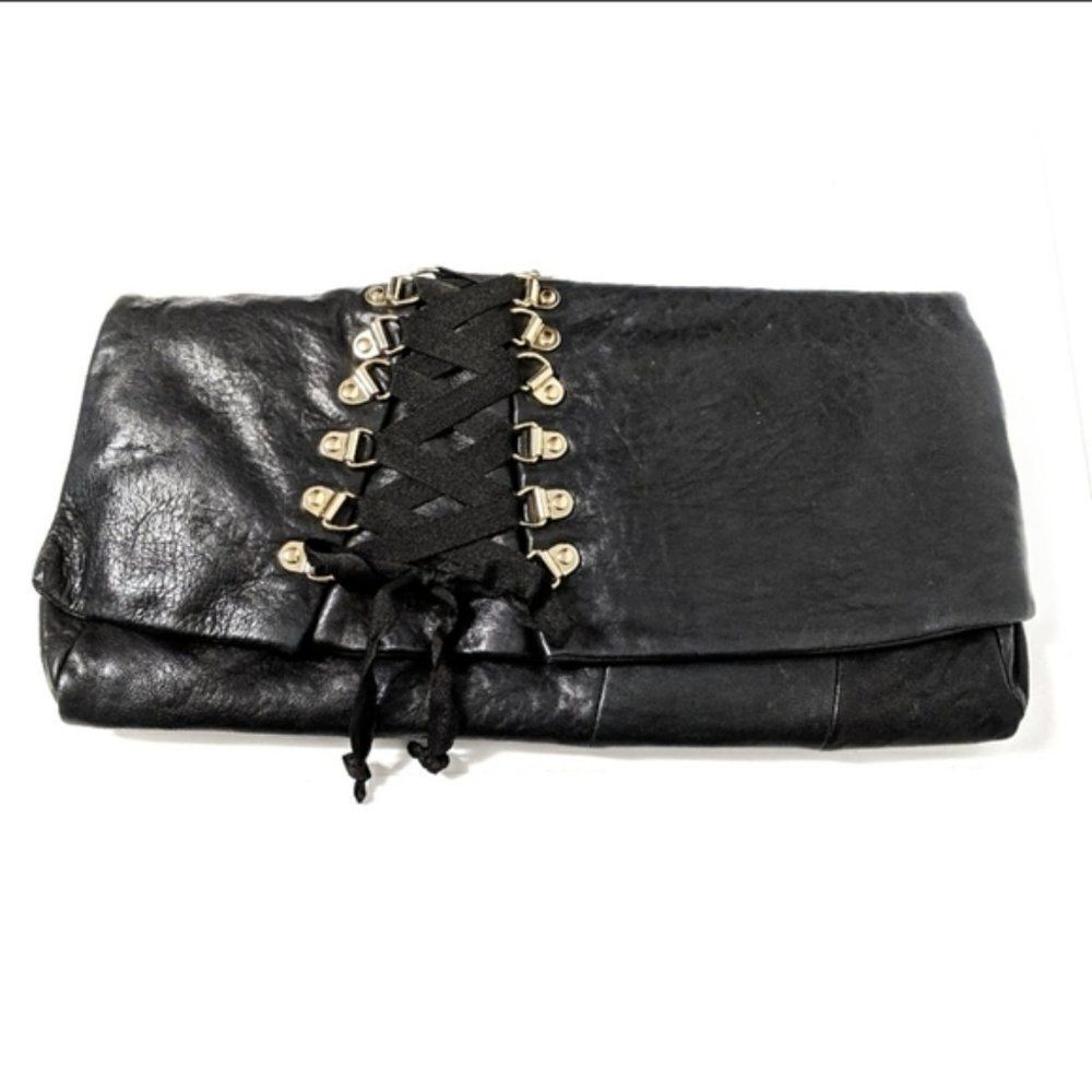 JUNIOR DRAKE Black Leather Corset Clutch Handbag